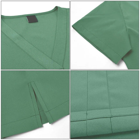 Close-up details of Green Womens Scrubs Set With Top And Jogger Pants Machine Washable Nurse Workwear for Spa Beauty Salons