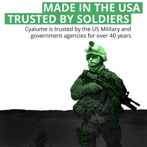 Soldier holding rifle wearing green military-grade gear with text overlay "Made in the USA, Trusted by Soldiers". Beefed Up Military Grade Green Glow Sticks 6 Inch Snap Light Emergency Chemical Light 12 Hour Duration 10 Pack For Outdoors Travel Power Outages And Survival Kits.