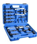 Open blue case with 16 Piece Inner Bearing Puller Set For Auto Wheel Bearings, including pullers, adapters, and handles.