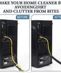 Before and after using Split Wire Loom Tubing on computer cables to reduce clutter; heavy duty flame retardant cable sleeve applied.