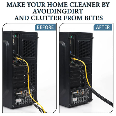 Before and after using Split Wire Loom Tubing on computer cables to reduce clutter; heavy duty flame retardant cable sleeve applied.