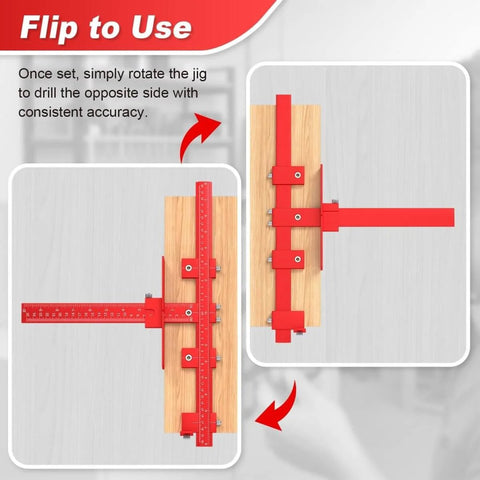 Adjustable Cabinet Hardware Jig For Precise Handle Installation Drill Guide Pro Grade With Automatic Center Punch All Aluminum shown in red on wood board