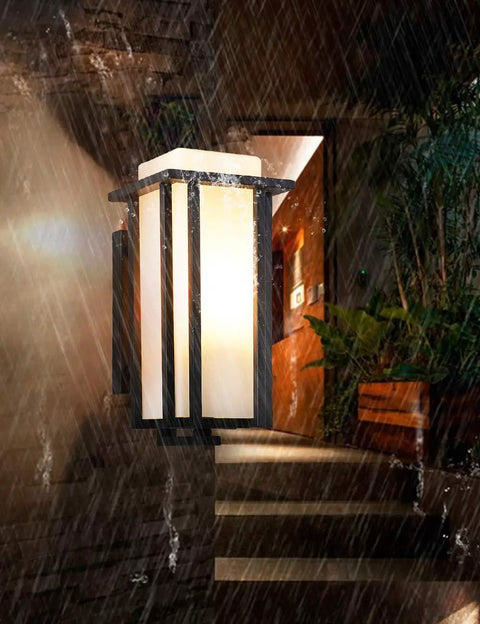 Big Outdoor Wall Light Lantern For Porch Exterior All Weather Rustproof Black Fixture With Frosted Glass illuminated in rain