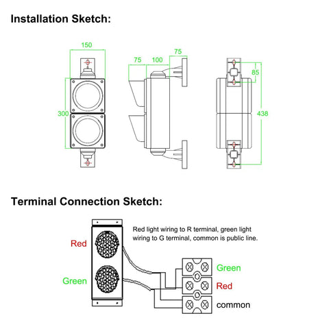 Installation and terminal sketch of Industrial 100mm Traffic Light Signal With Red Green Stop And Go LED DC 9 To 36V Waterproof IP65