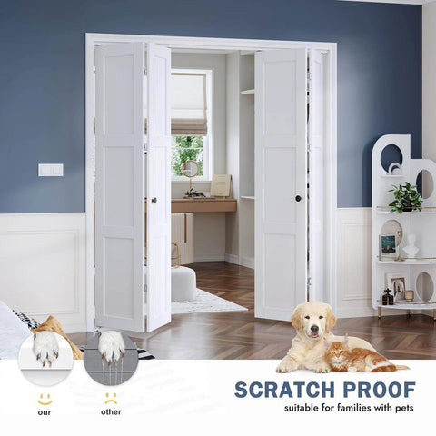 White Bifold Sliding Interior Closet Doors For 72 By 80 Inch Opening, 3 Panel Barn Door Slab With 6 Foot Concealed Hardware Kit Installed