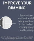 Close-up of Radiant 0 To 10V Preset Decorator Rocker Dimmer Switch with calibration dial and text highlighting dimming features.