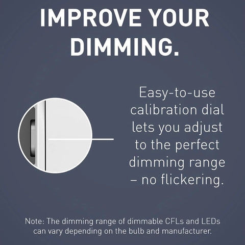 Close-up of Radiant 0 To 10V Preset Decorator Rocker Dimmer Switch with calibration dial and text highlighting dimming features.