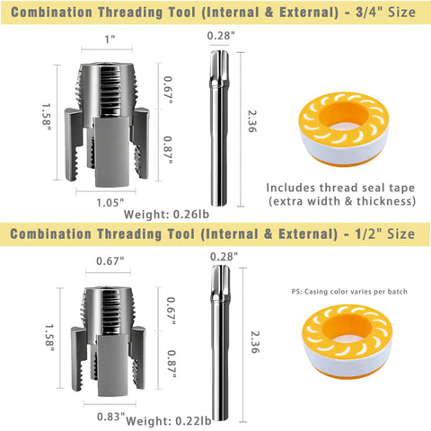 Gcoujrl Dual-Function Pipe Threading Tool Kit For PVC Pipes With Screw Extractor And Sealant Tape Electric Drill Compatible showing 3/4 and 1/2 inch threaders with seal tape.