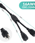 3 Prong Y Splitter Extension Cord One Foot Straight Plug To Two Outlet Space Saver For Indoor Outdoor Use Heavy Duty Weatherproof SJTW 16 AWG 13 A UL Listed Cable Extender showing dimensions