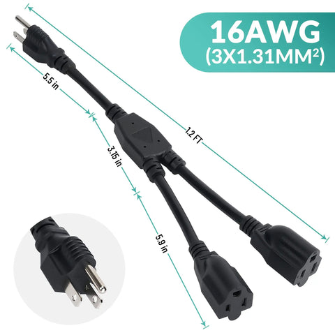 3 Prong Y Splitter Extension Cord One Foot Straight Plug To Two Outlet Space Saver For Indoor Outdoor Use Heavy Duty Weatherproof SJTW 16 AWG 13 A UL Listed Cable Extender showing dimensions