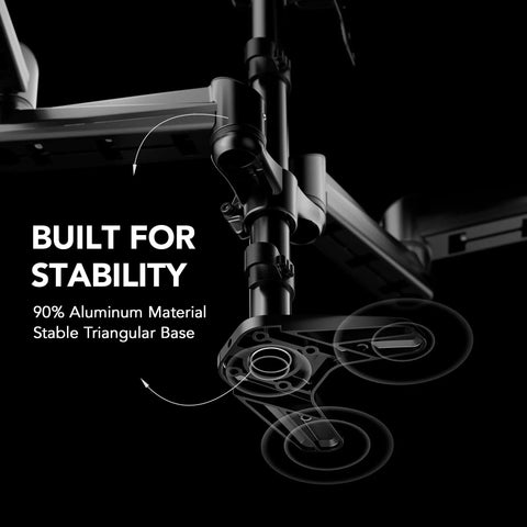 Close-up of triple monitor desk mount stand's triangular base, highlighting aluminum material stability for 17 to 32 inch screens