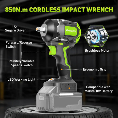 WorkBless 1/2 Inch Cordless Impact Wrench With Brushless Motor For Makita Battery Tool Only High Torque 850Nm Powerful Driver For Tough Bolts And Lug Nuts Heavy Duty Car Tire Repair Job