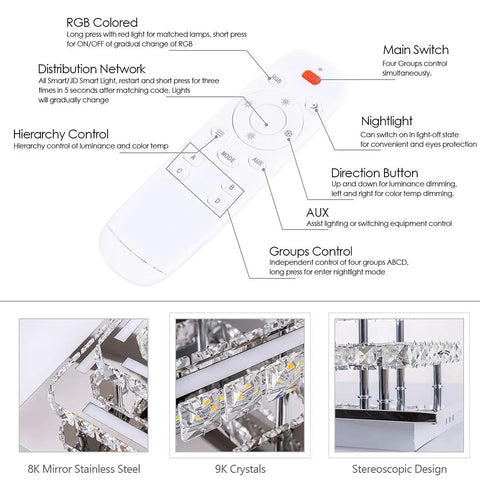 Remote and details of Dimmable Flush Mount Crystal Ceiling Light With Remote Control, LED K9 Crystal 2 Square Mini Lamp, Chrome finish.