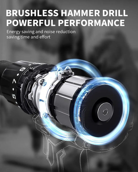 Close-up of Brushless 20 Volt Cordless Hammer Drill Set With Two Batteries And Charger One Half Inch Drive Three Modes