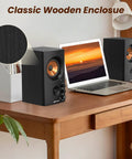 Active Bookshelf Speakers, 50W Bluetooth Home Studio Monitors With 3 Inch Woofer And 1 Inch Silk Dome Tweeter on a wooden desk