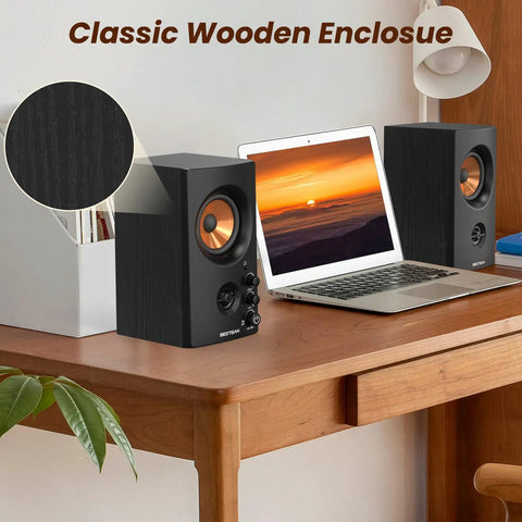 Active Bookshelf Speakers, 50W Bluetooth Home Studio Monitors With 3 Inch Woofer And 1 Inch Silk Dome Tweeter on a wooden desk