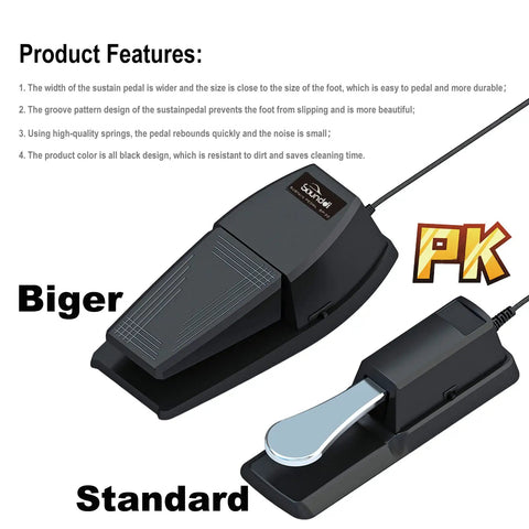 Grippy Sustain Pedal With Polarity Switch For Electronic Keyboards Digital Pianos And MIDI Keyboards Upgraded Grounding Surface With Extra Non Slip Pads For Stable Realistic Pedaling, larger pedal version shown with anti-slip design