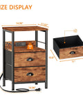 Size display of Sleek Rustic Brown Nightstand With Built In Charging Station And Two Fabric Drawers, showing dimensions and details.