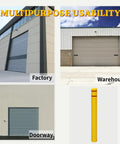 Built Like A Tank Heavy Duty Bollard Covers For Indoor Outdoor Use With Reflective Tape High Visibility Yellow Sleeves in factory and warehouse settings.