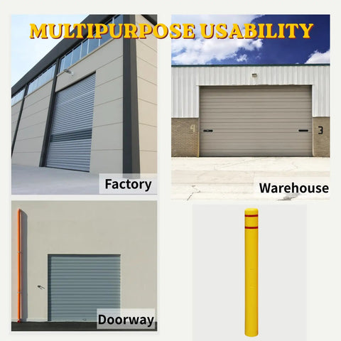 Built Like A Tank Heavy Duty Bollard Covers For Indoor Outdoor Use With Reflective Tape High Visibility Yellow Sleeves in factory and warehouse settings.