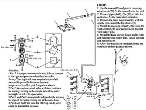 Diagram for Wall Mounted Led Rain Shower Head System With Thermostatic Mixer Valve and Six Massage Body Sprays Plus Handheld Combo installation.