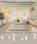 Remote Control Outlet With Wireless Wall Switch, 200 Ft RF Range, showing hand holding remote in living room setting