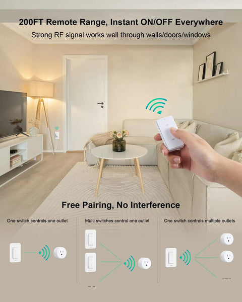 Remote Control Outlet With Wireless Wall Switch, 200 Ft RF Range, showing hand holding remote in living room setting