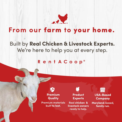 Banner with goat, "Built by Real Chicken & Livestock Experts," and "From our farm to your home" message, RentACoop logo