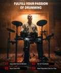 Man playing Electric Drum Set For Adults Full Size That Feels Pro With 10 Inch Quiet Mesh Pads 12 Inch Crash Cymbals.