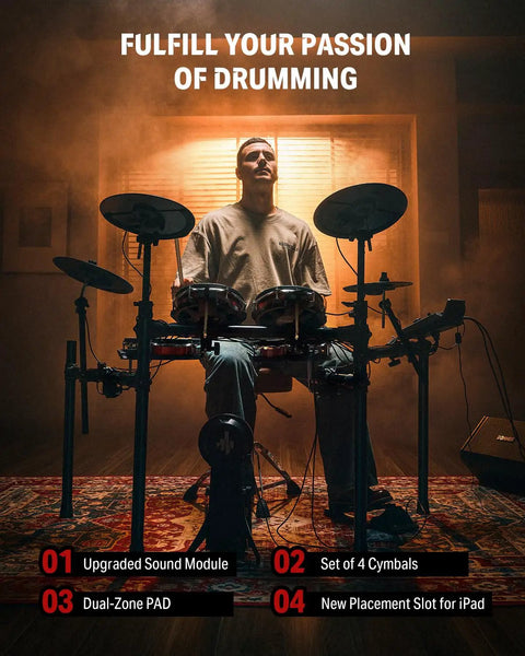 Man playing Electric Drum Set For Adults Full Size That Feels Pro With 10 Inch Quiet Mesh Pads 12 Inch Crash Cymbals.