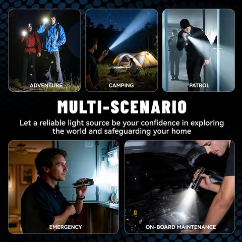 Collage showing Rechargeable Tactical Flashlight With 1200mAh Battery USB C Quick Charge Five Mode LED Torch in multiple scenarios.