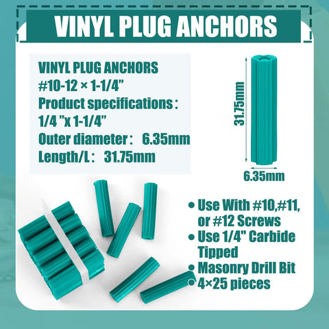 Vinyl plug anchors set with specs for 1/4" holes, showing plastic plugs in green, labeled for drywall and hollow walls use.