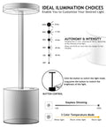 Diagram showing Two Pack Cordless Desk Lamp Rechargeable With 5000mAh Battery, Metal Small Table Light with dimming options.
