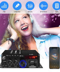 Beefy Bluetooth 5.0 HiFi Stereo Amplifier With 400W And 400W Peak Power 2.0 Channel Receiver, smartphone display, woman listening