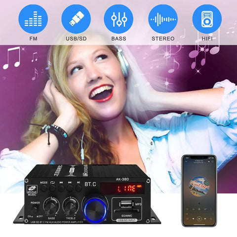 Beefy Bluetooth 5.0 HiFi Stereo Amplifier With 400W And 400W Peak Power 2.0 Channel Receiver, smartphone display, woman listening
