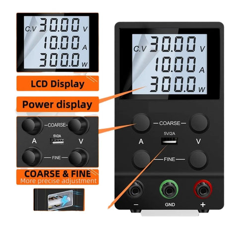 Adjustable DC Bench Power Supply 30V 10A And 5A With RS 232 Control featuring LCD display and coarse fine adjustment knobs