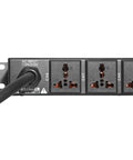 Close-up of the Hella Reliable 10 Outlet Power Sequencer Conditioner with 10 outlets and AC input for pro audio gear.