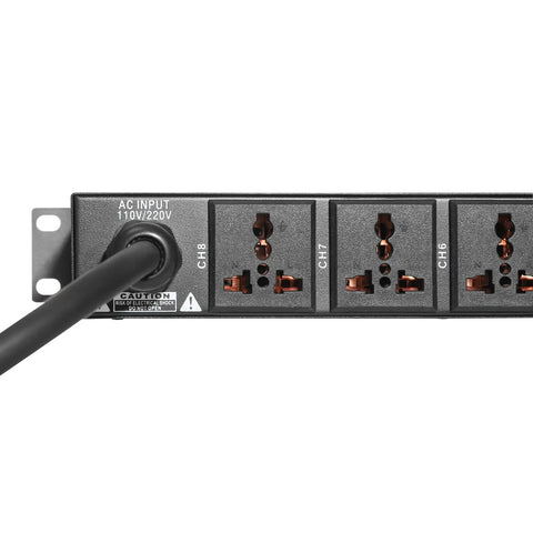 Close-up of the Hella Reliable 10 Outlet Power Sequencer Conditioner with 10 outlets and AC input for pro audio gear.