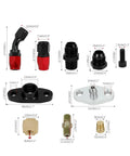 Detailed view of fittings in Turbo Oil Drain Line Kit For T3 T4 T04E T60 T61 T70 Turbos with sizes and measurements.
