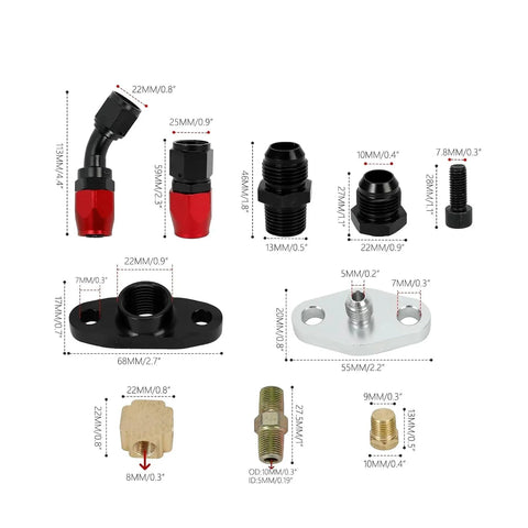 Detailed view of fittings in Turbo Oil Drain Line Kit For T3 T4 T04E T60 T61 T70 Turbos with sizes and measurements.