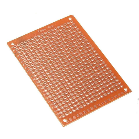 Angled view of one 20-Piece Dope Solder-Finished Prototype PCB for DIY 5x7cm Circuit Boards, showing holes and copper finish.