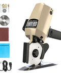 Gearpass 250W Electric Fabric Cutter With Extra 4-Inch Rotary Blade And Auto Sharpener Handheld Cloth Cutting Machine showing included accessories.