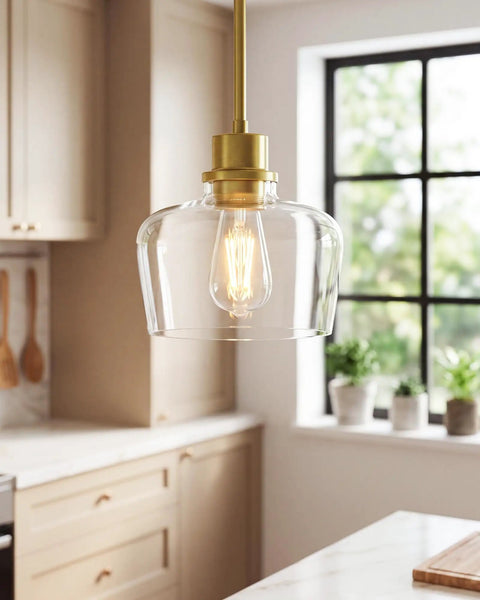 Emak 8 Inch Pendant Lights Kitchen Island, 1-Light Brushed Gold Kitchen Pendant Lights with Clear Glass Shade, hanging lamp close-up.