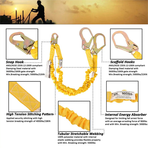 Double Leg 6 Foot Fall Protection Lanyard With Internal Shock Absorber, snap and rebar hook connectors, detailed features chart