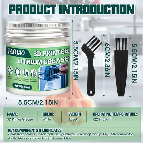 3D Printer Lubricant Grease 100g For Lead Screws X Y Z Axes And Gears, Pro-Grade White Lithium Gel with two black brushes