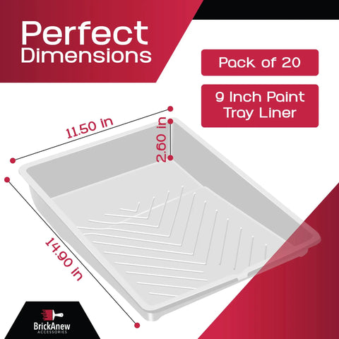 20 Pack 9 Inch Disposable Paint Tray Liners For Roller Trays, Heavy Duty Plastic With Textured Ridges, Dimensions Shown