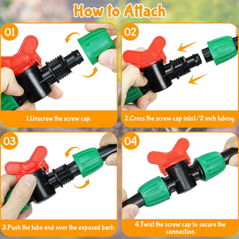 Steps to attach 10 Pack Inline Half Inch Drip Irrigation Ball Valves With Locking Barbed Ends Shut Off Valves Kit for gardens