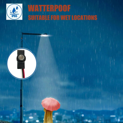 Outdoor Photocell Light Sensor Switch For Dusk To Dawn Auto On Off, waterproof in rain on streetlight, focus on weatherproofing.