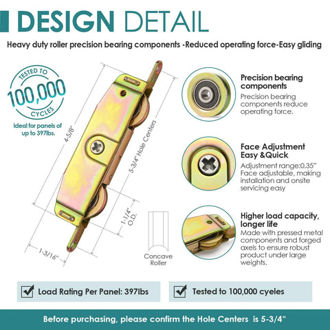 Heavy Duty Sliding Patio Door Roller Assembly With One And A Quarter Inch Steel Ball Bearing Side Adjustable Two Pack for replacing worn out rollers, design details, 100,000 cycle test.