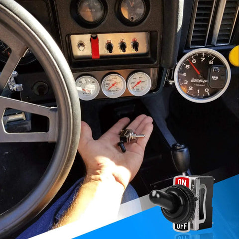 Hand holding Heavy Duty Rocker Toggle Switch SPST 2 Pin On Off 15A 250V And 20A 125V in car dashboard setting